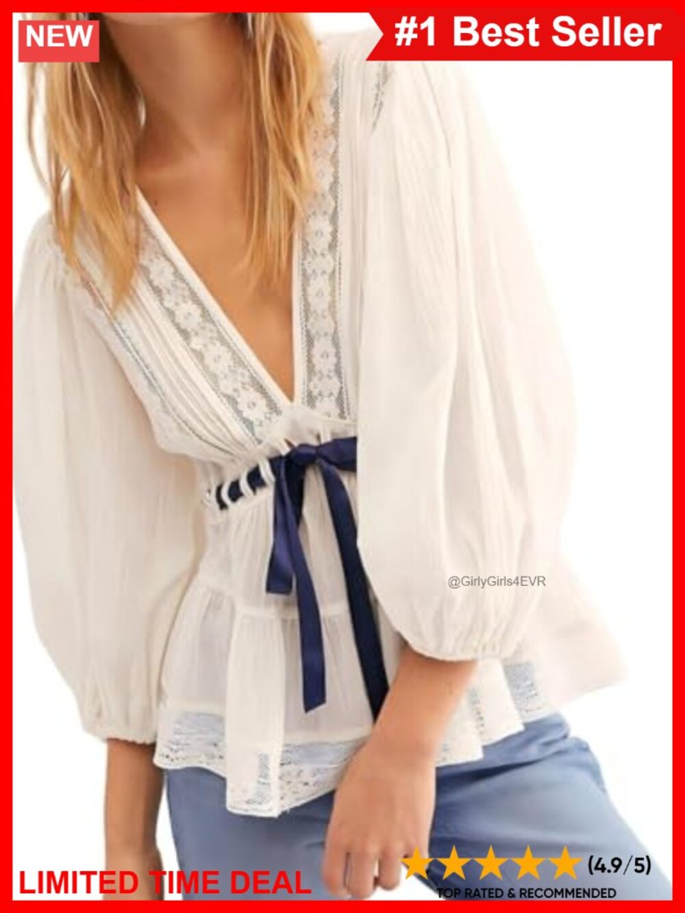 Boho Tie Front Puff Sleeve Chiffon Lace Trim Peplum Tunic Blouse